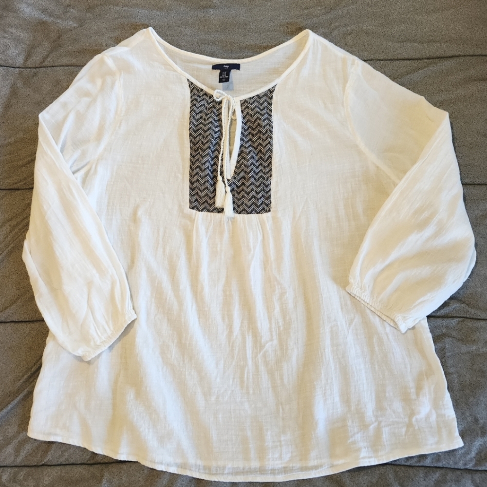 GAP Boho Peasant Antique White/Black Tassel Tie Cotton Blouse Womens XL EUC